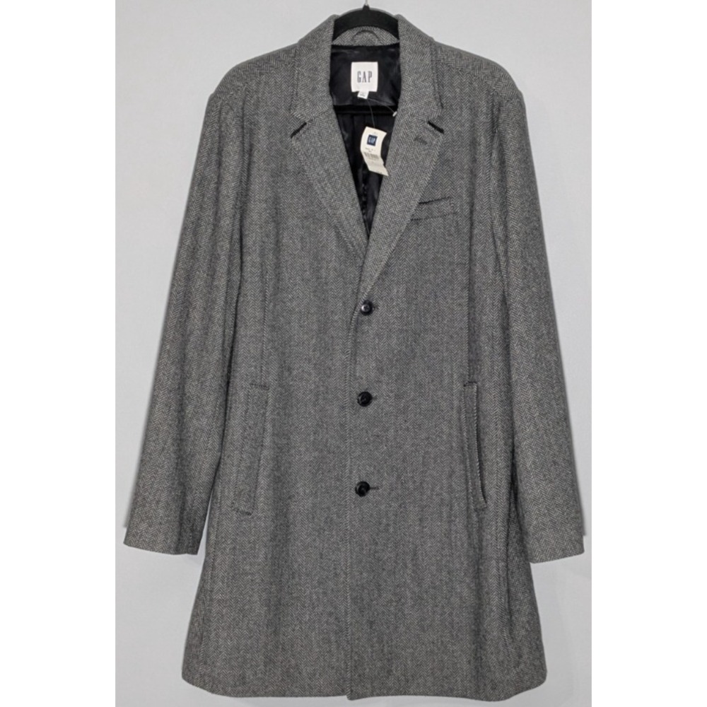 Gap Herringbone Wool Blend Topcoat L Grey Black Long Jacket Coat Holiday 2018